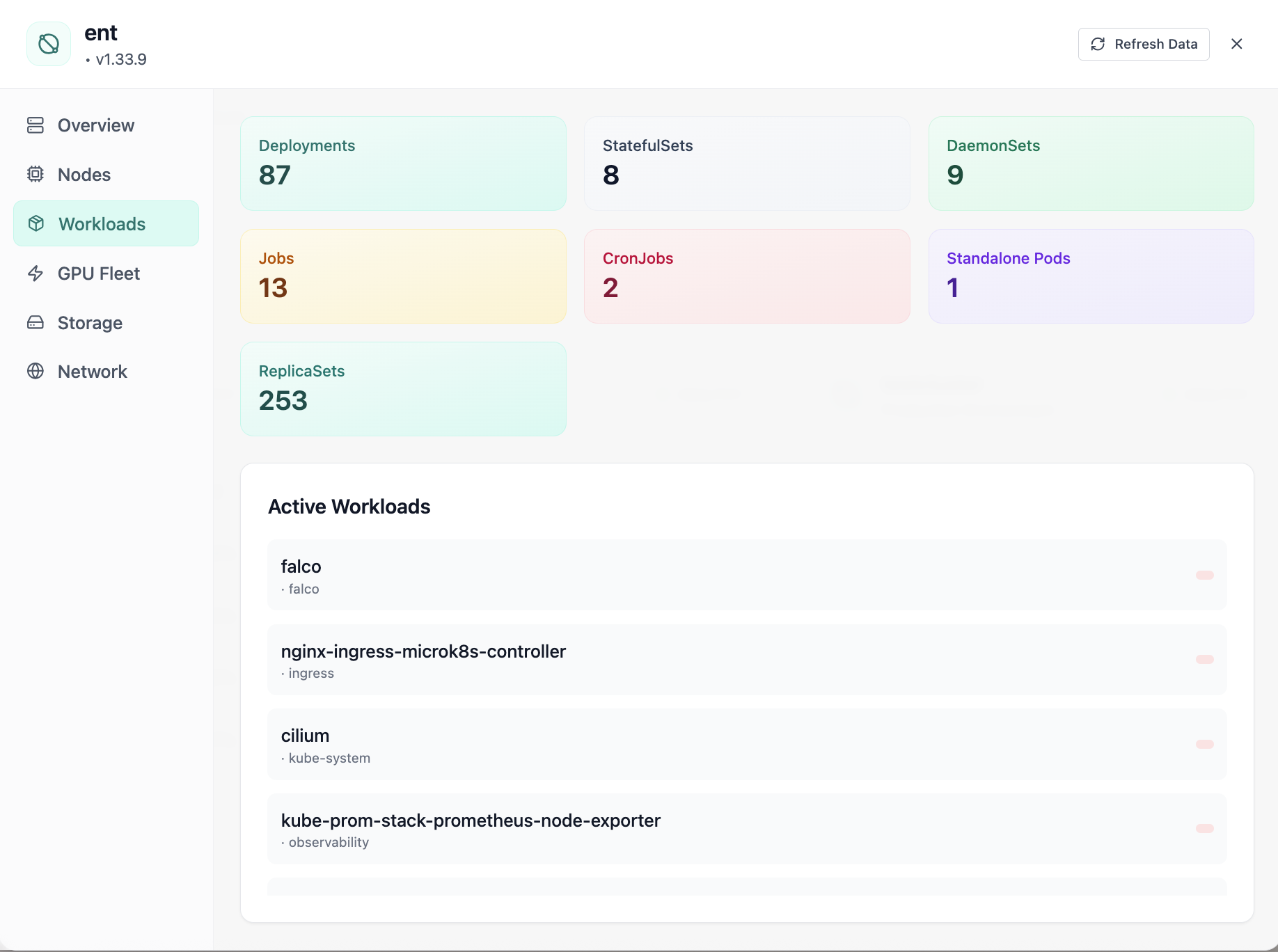 Cluster workloads: deployments, statefulsets, and daemonsets.